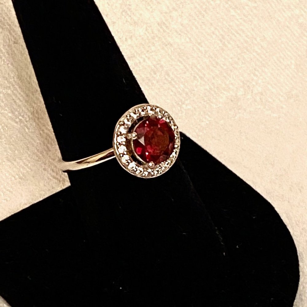 Red Ruby with CZ Halo, Sterling Silver Ring, Size 7.75